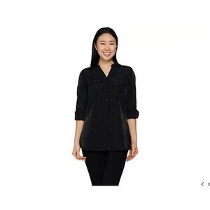 Denim & Co Roll Tab Sleeve Button Front Utility Tunic Women's Blouse Black XS